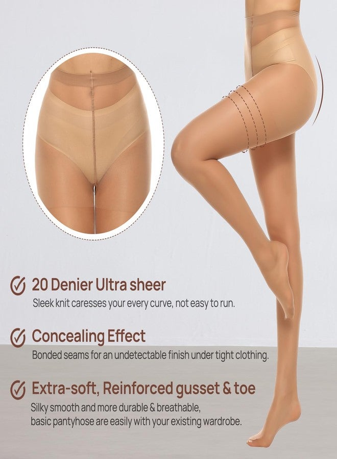 MANZI 6 Pairs Women's 20D Sheer Silky Pantyhose Run Resistant Nylon Tights High Waist Stockings with Control Top(3 Black +3 Natural,M - Image 4